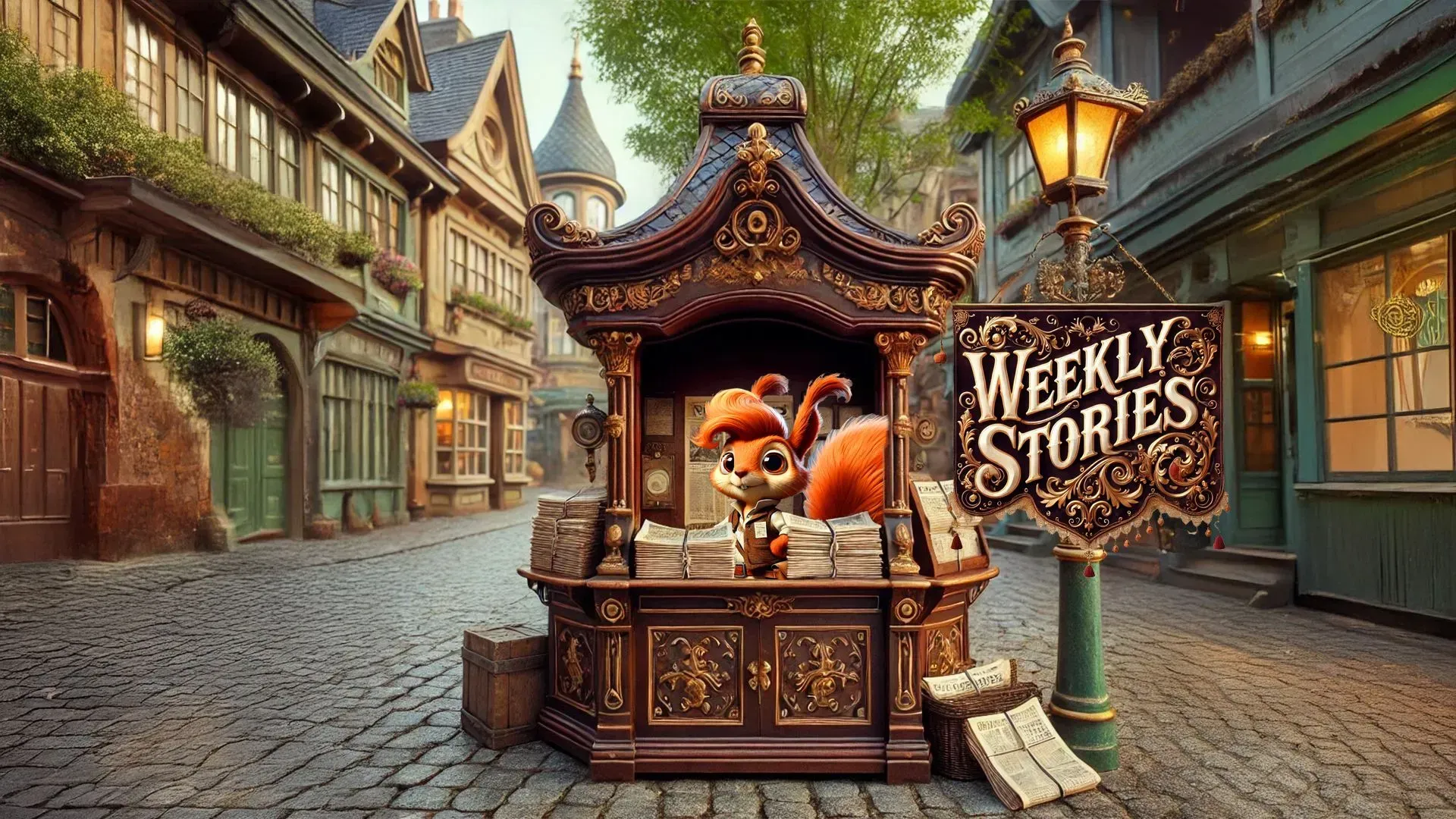A squirrel is sitting inside of a weekly stories booth on a cobblestone street.