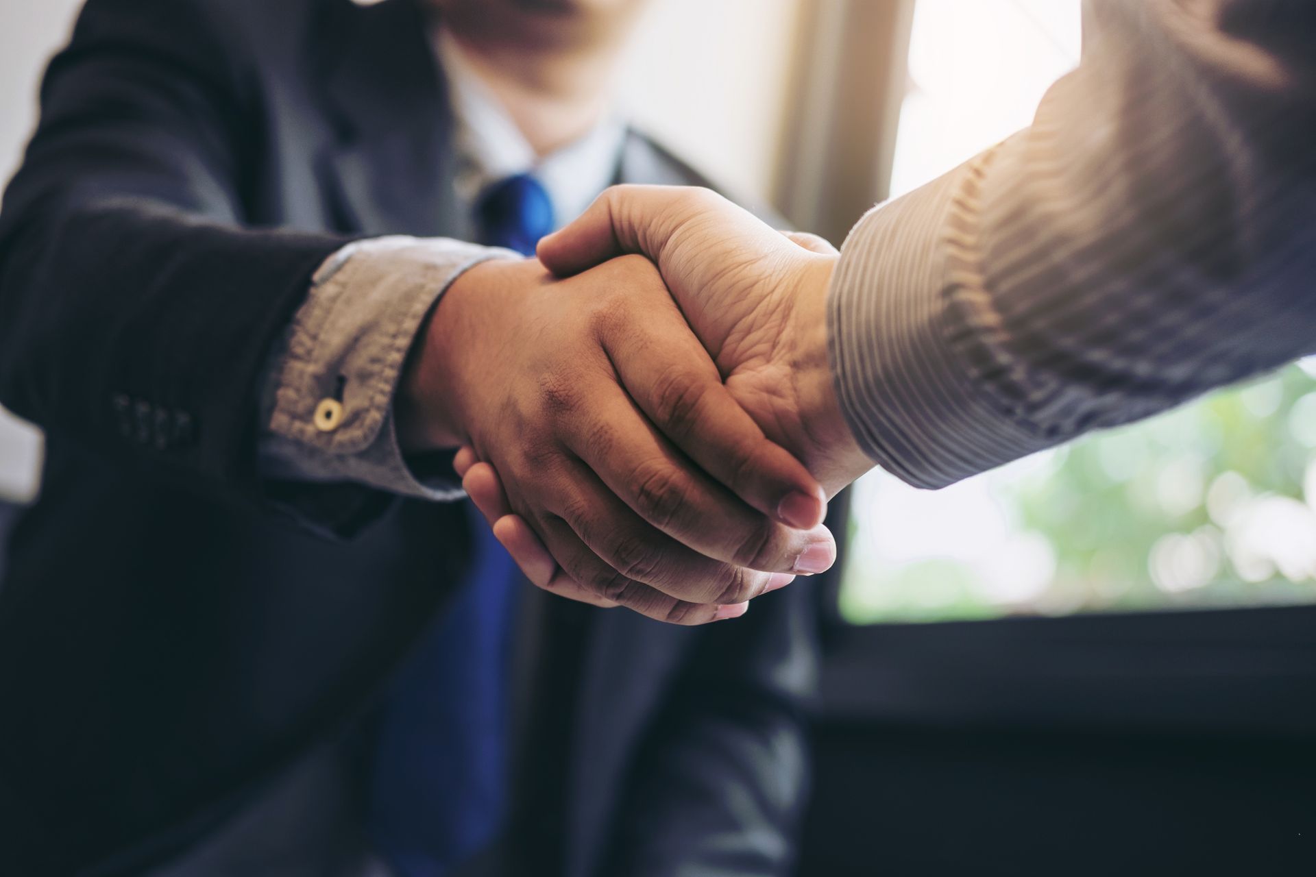 Two businessmen are shaking hands in front of a window.