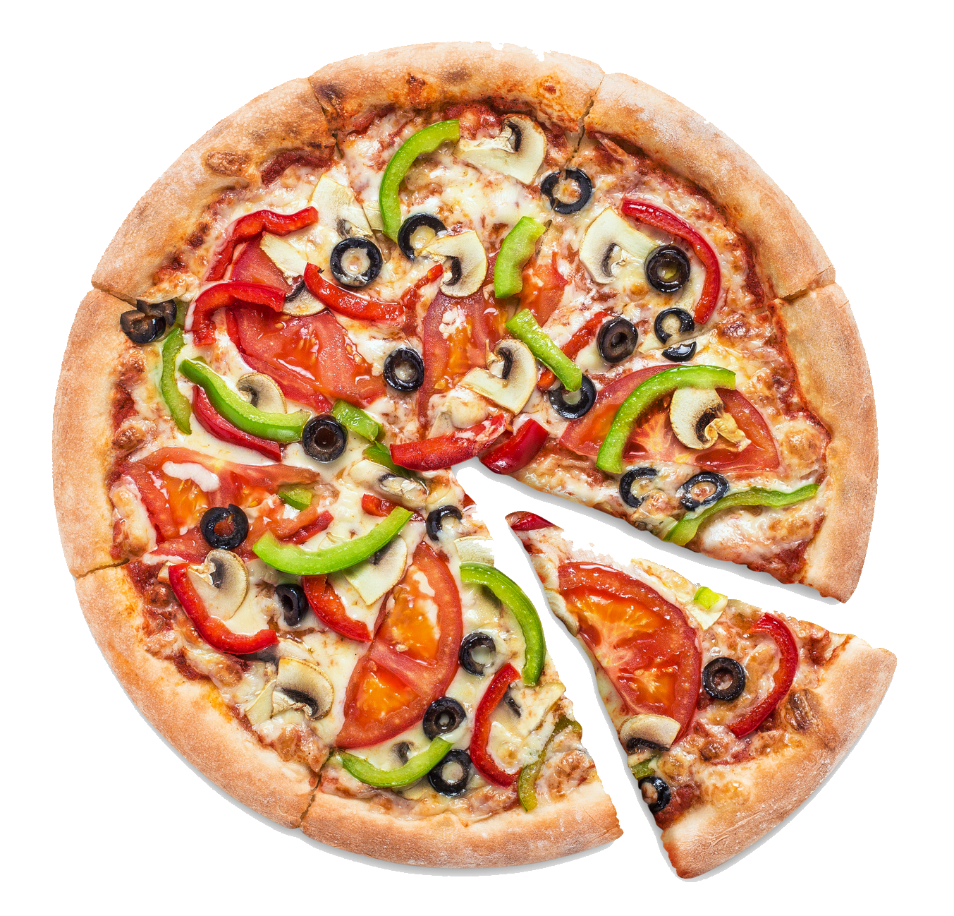 A pizza with tomatoes , peppers , olives , mushrooms and cheese has been cut into slices.