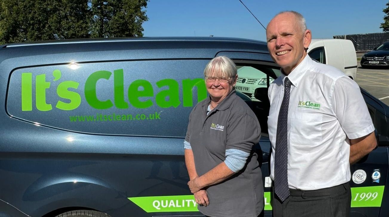 contract cleaning cleaner with cleaning company van and managing director