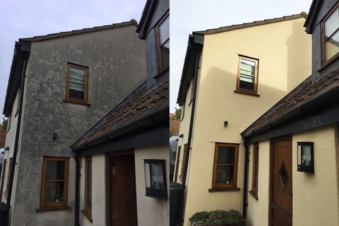Exterior of house before and after soft washing