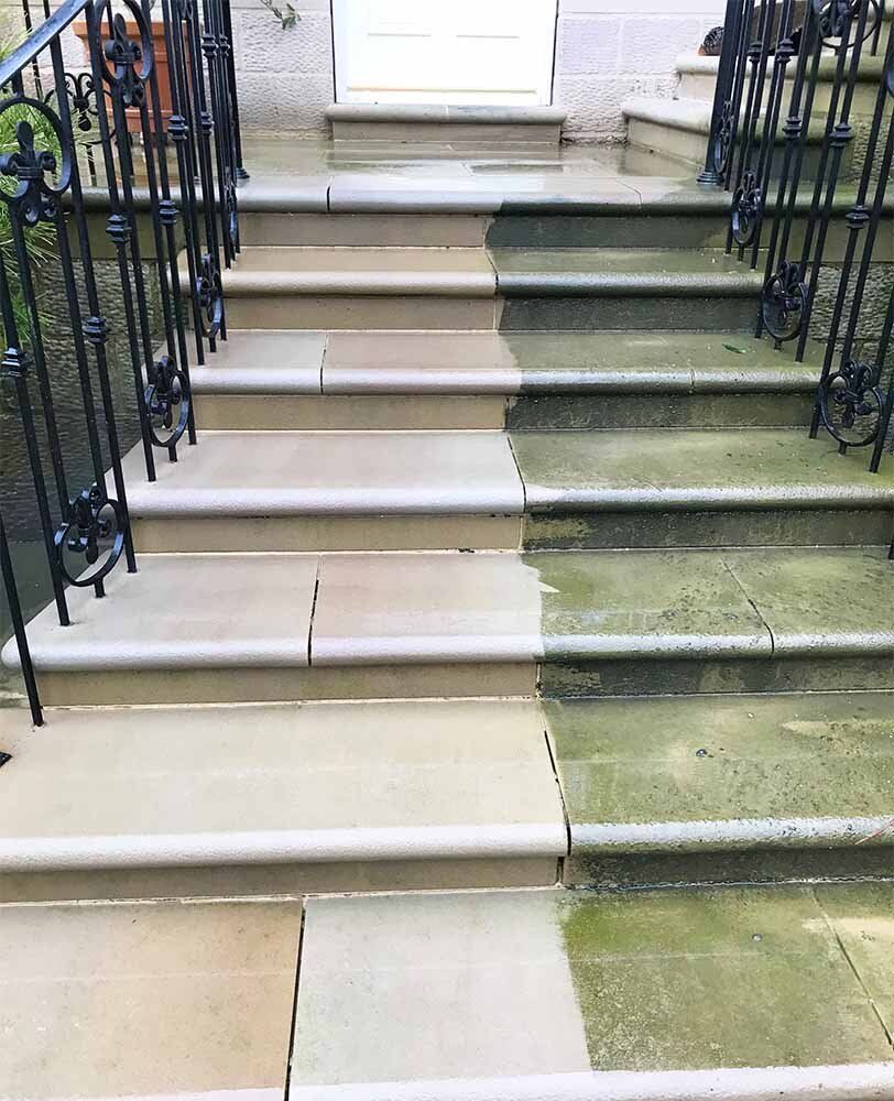 Before and after SoftWash exterior cleaning of stone steps