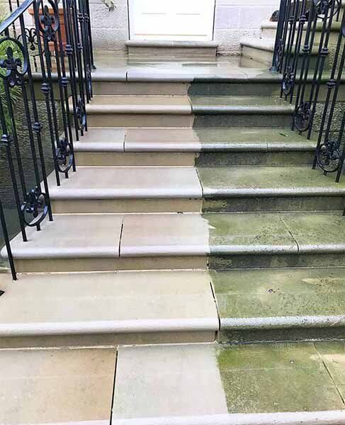Soft wash exterior cleaning stone steps before and after