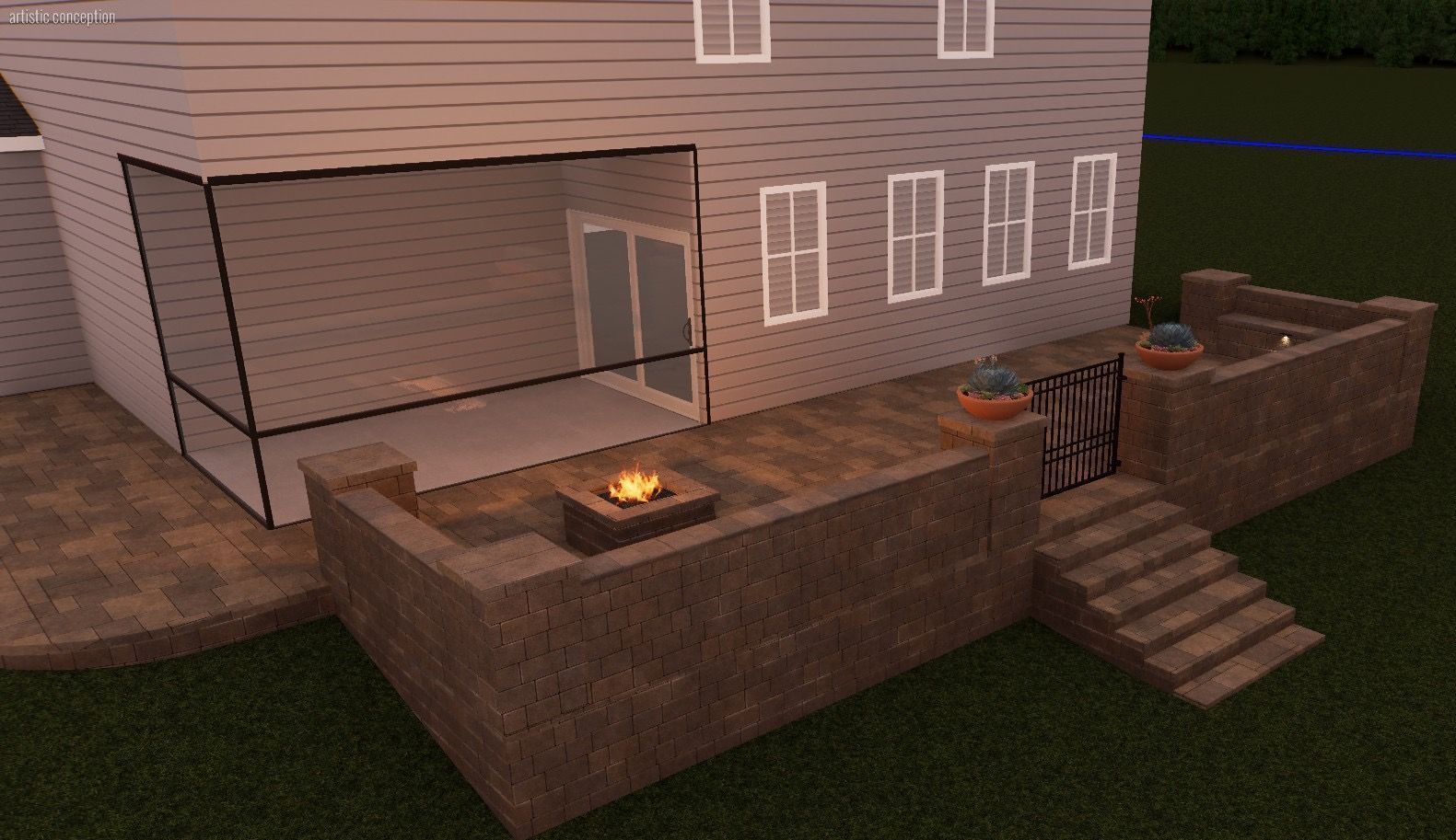 Overview of concrete paver on retaining walls.