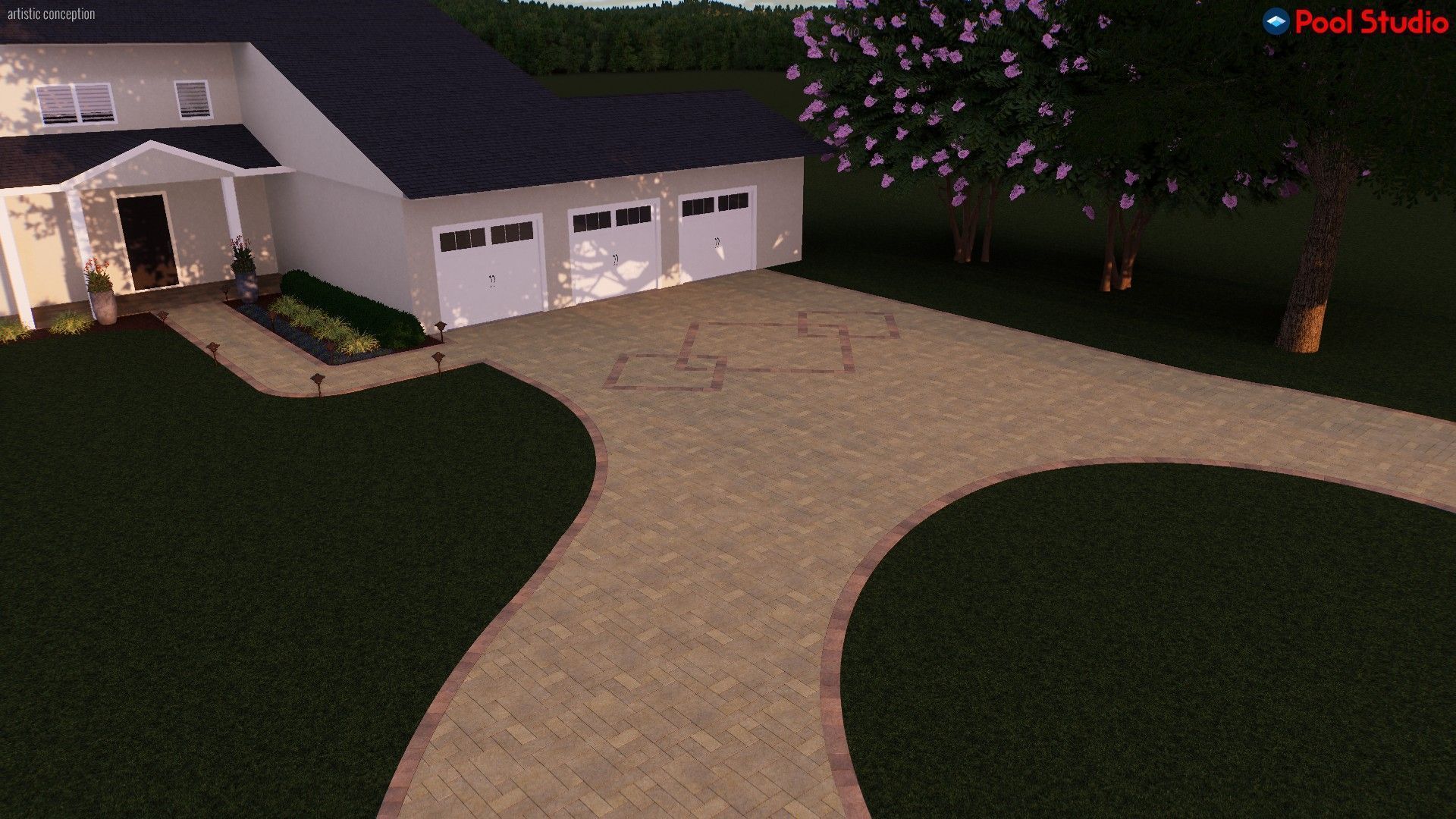 A bucket of concrete is sitting on the side of a concrete driveway.
