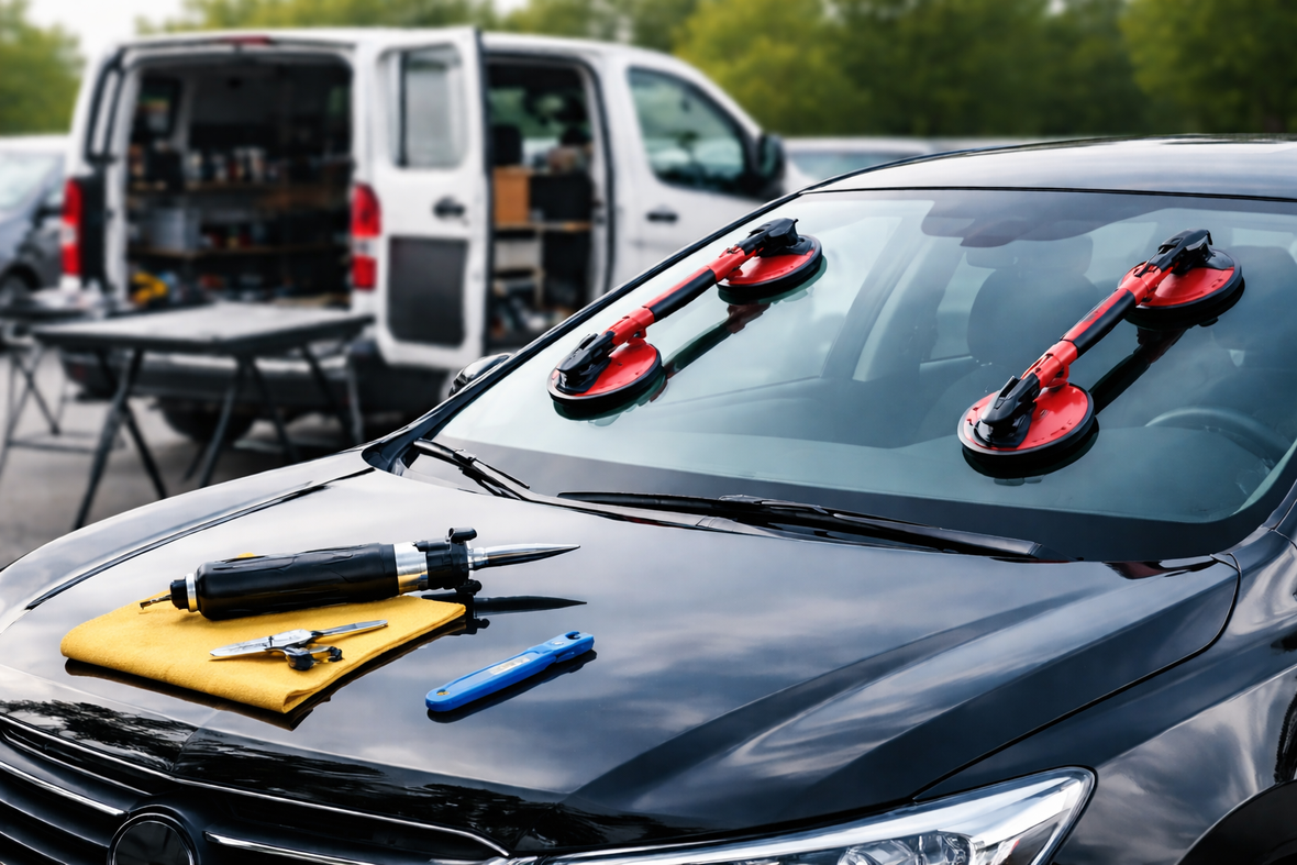 Un'auto nera con delle ventose per sollevare il parabrezza, parcheggiata vicino a un furgone contenente attrezzature per la riparazione di auto.