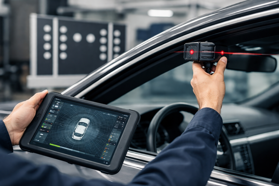 Un tecnico calibra il sistema di telecamere ADAS di un veicolo utilizzando un dispositivo laser portatile e un tablet in un'officina meccanica.