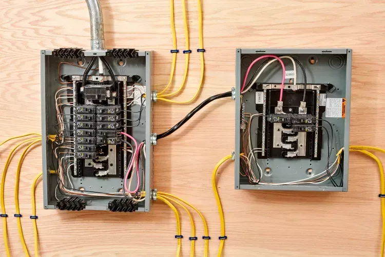Two gray electrical panels mounted on light wooden surface, with various wires and conduit connecting them.