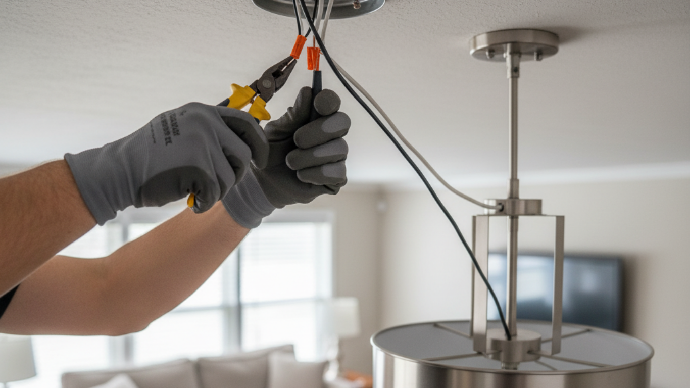 Person installing a light fixture, using pliers to connect wires to the ceiling, indoors.