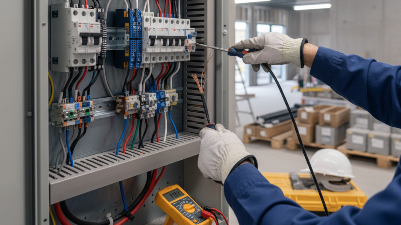 Electrician wearing gloves testing wiring inside a panel.