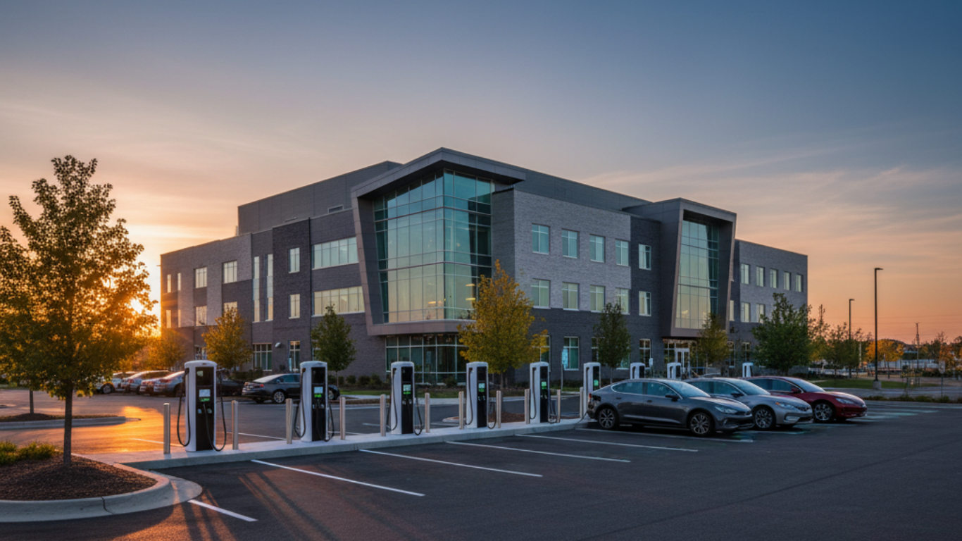 Modern office building with EV charging stations in parking lot at sunset.