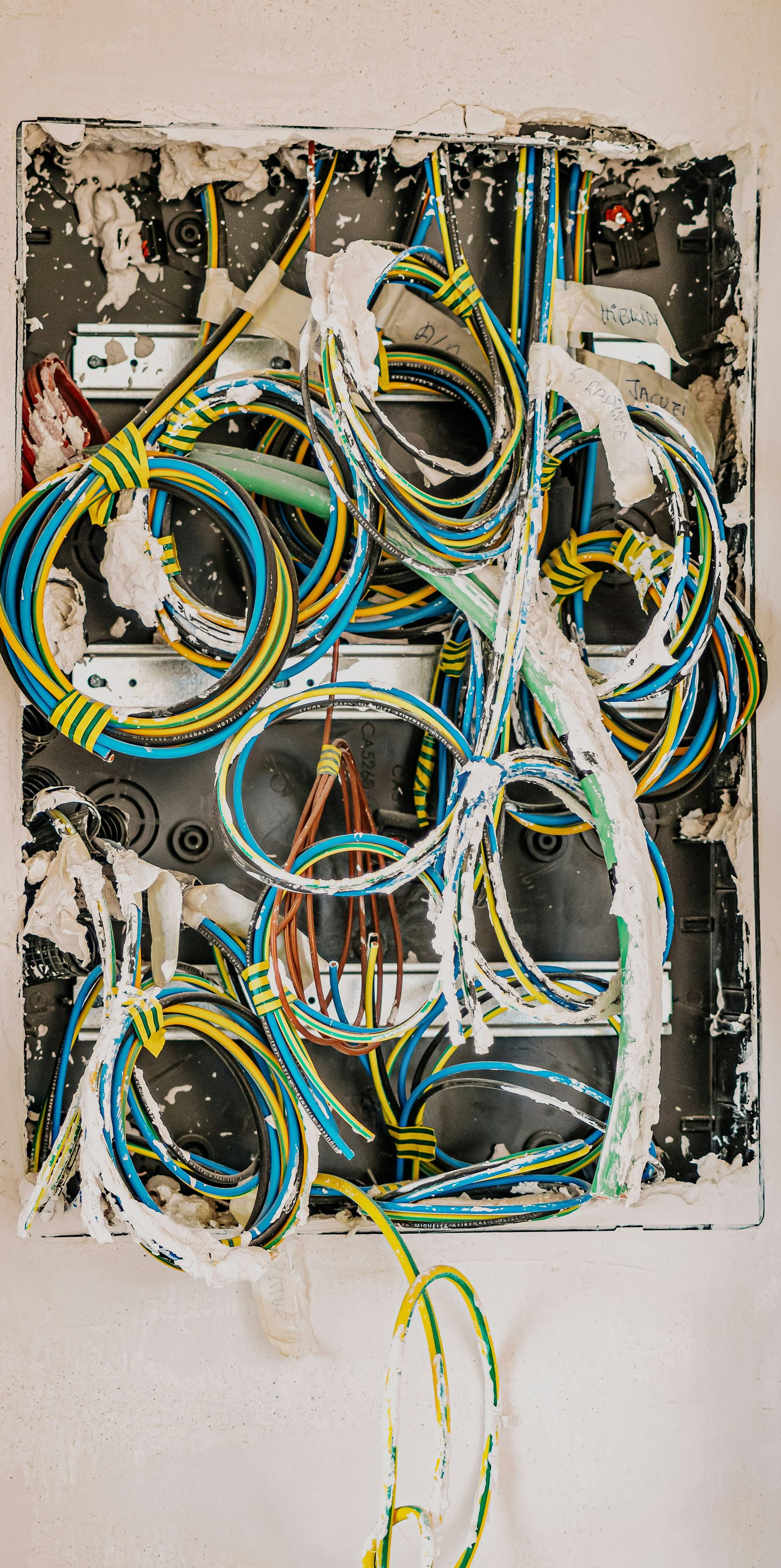 Open electrical panel with tangled blue, yellow, and white wires.