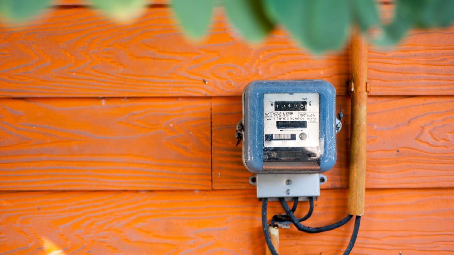 Electric meter box on orange wooden wall.