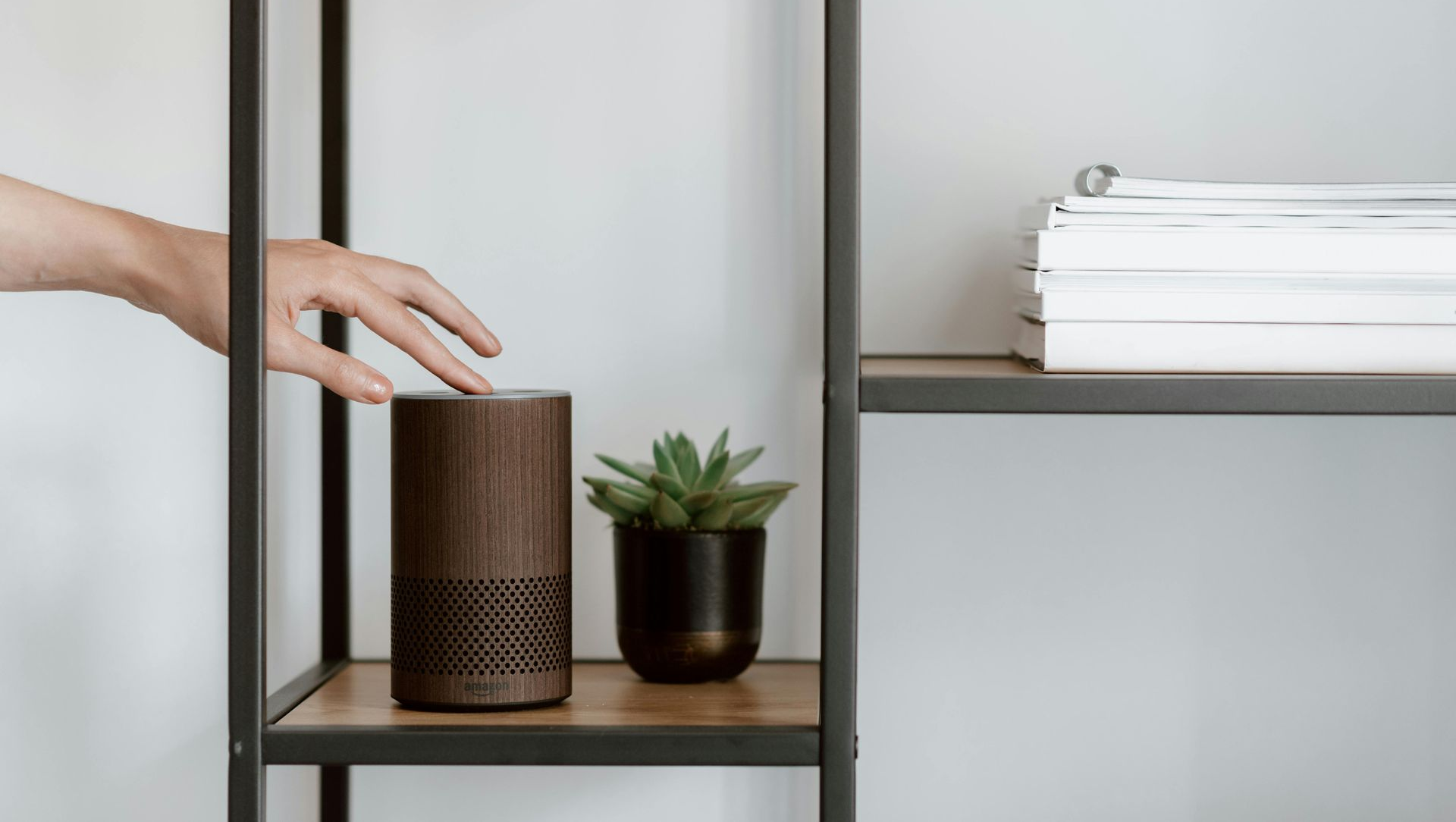 A hand reaches out to touch a cylindrical wooden smart speaker sitting on a shelf next to a small potted succulent.