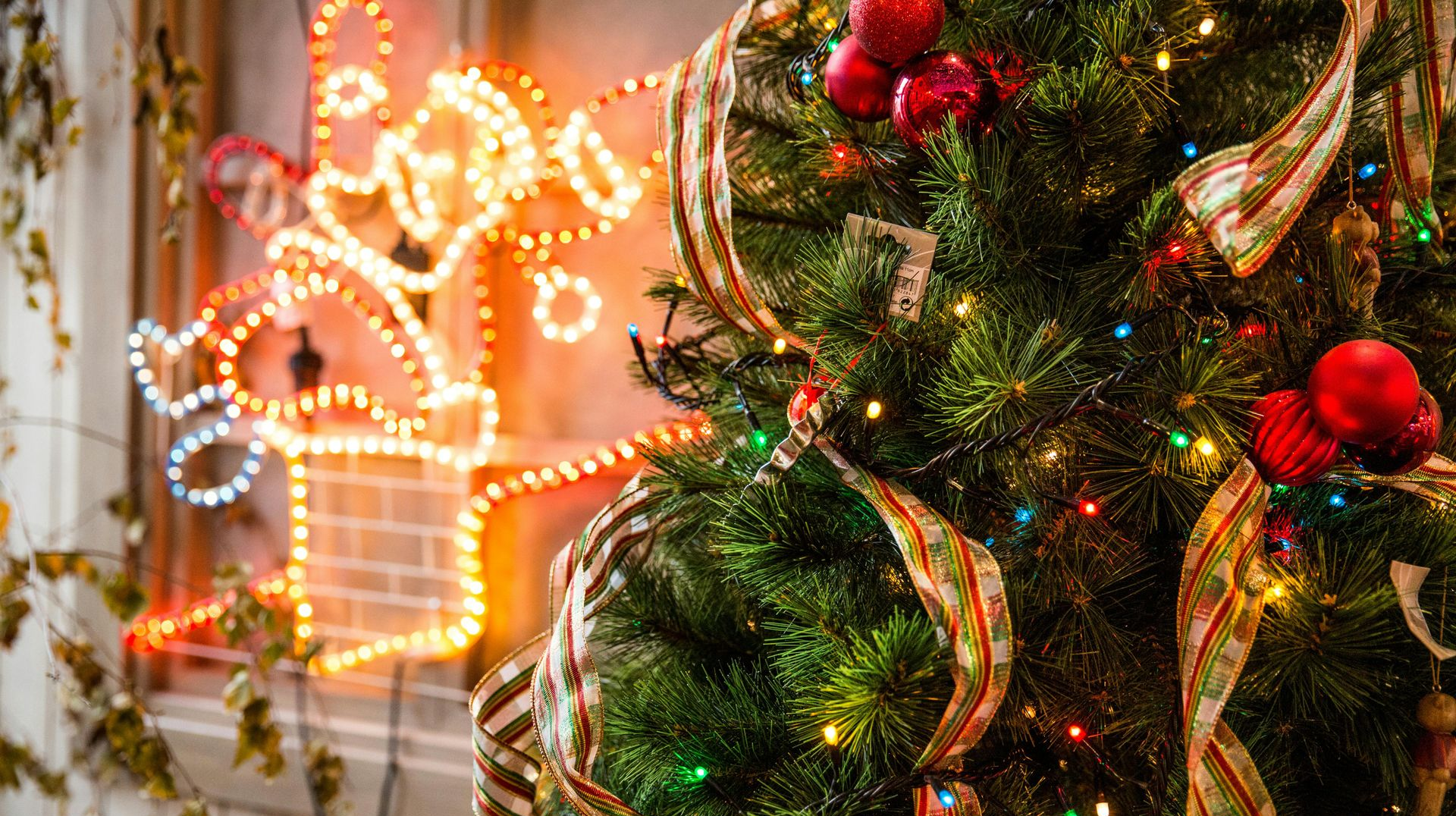 Christmas tree with red ornaments and ribbon, next to a window with a lit star decoration.