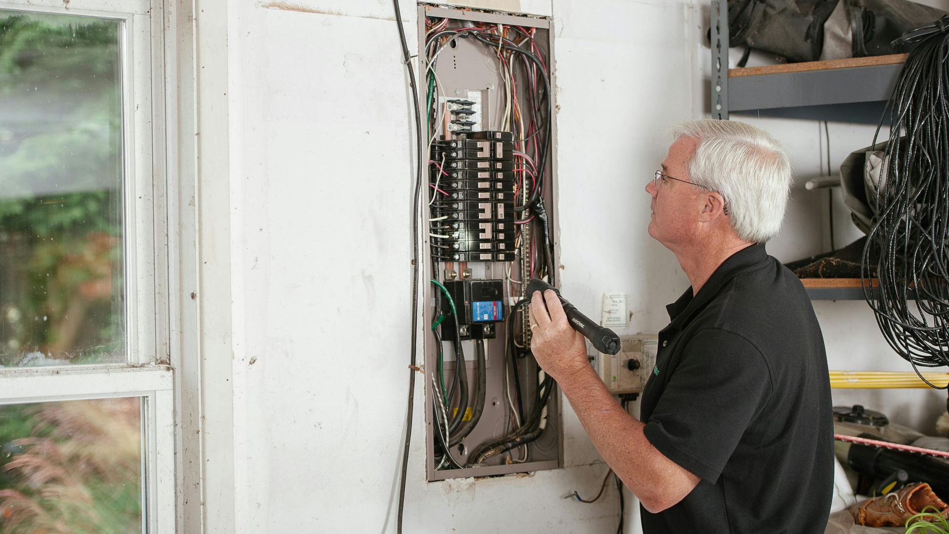 Man examines an exposed electrical panel in a garage, holding a tool.
