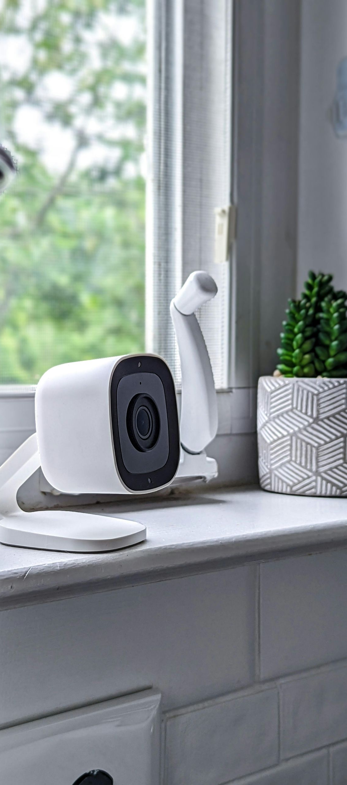 A white security camera on a windowsill next to a small potted plant.