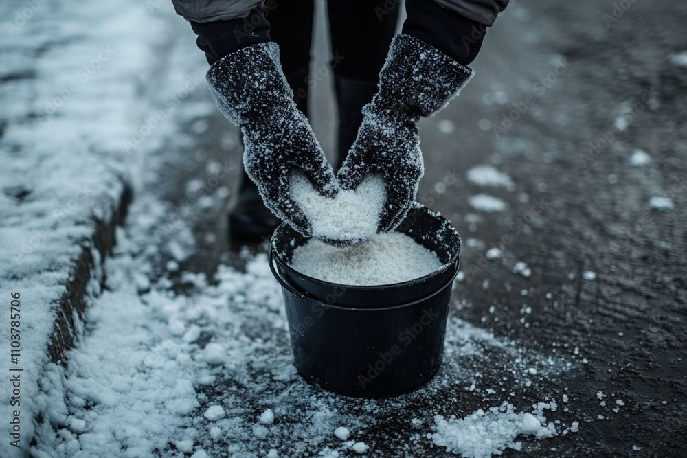 Une personne répand du sel sur le sol dans un seau.