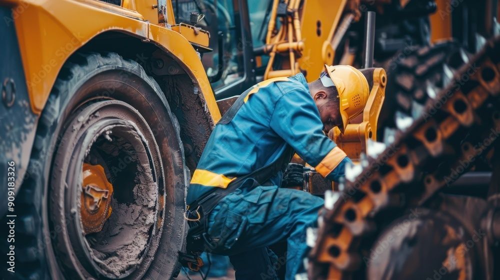 Un homme travaille sur un tracteur jaune.