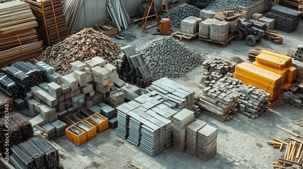 Une vue aérienne d'un chantier rempli de beaucoup de matériaux de construction.