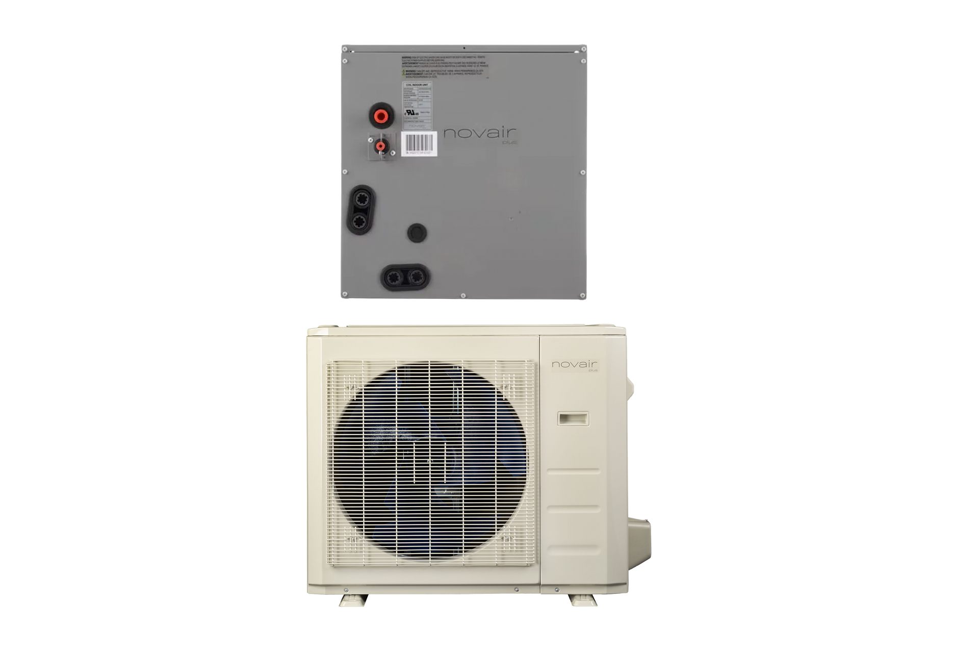 Deux unités de climatisation extérieures, l'une grise et l'autre beige, vues de face.