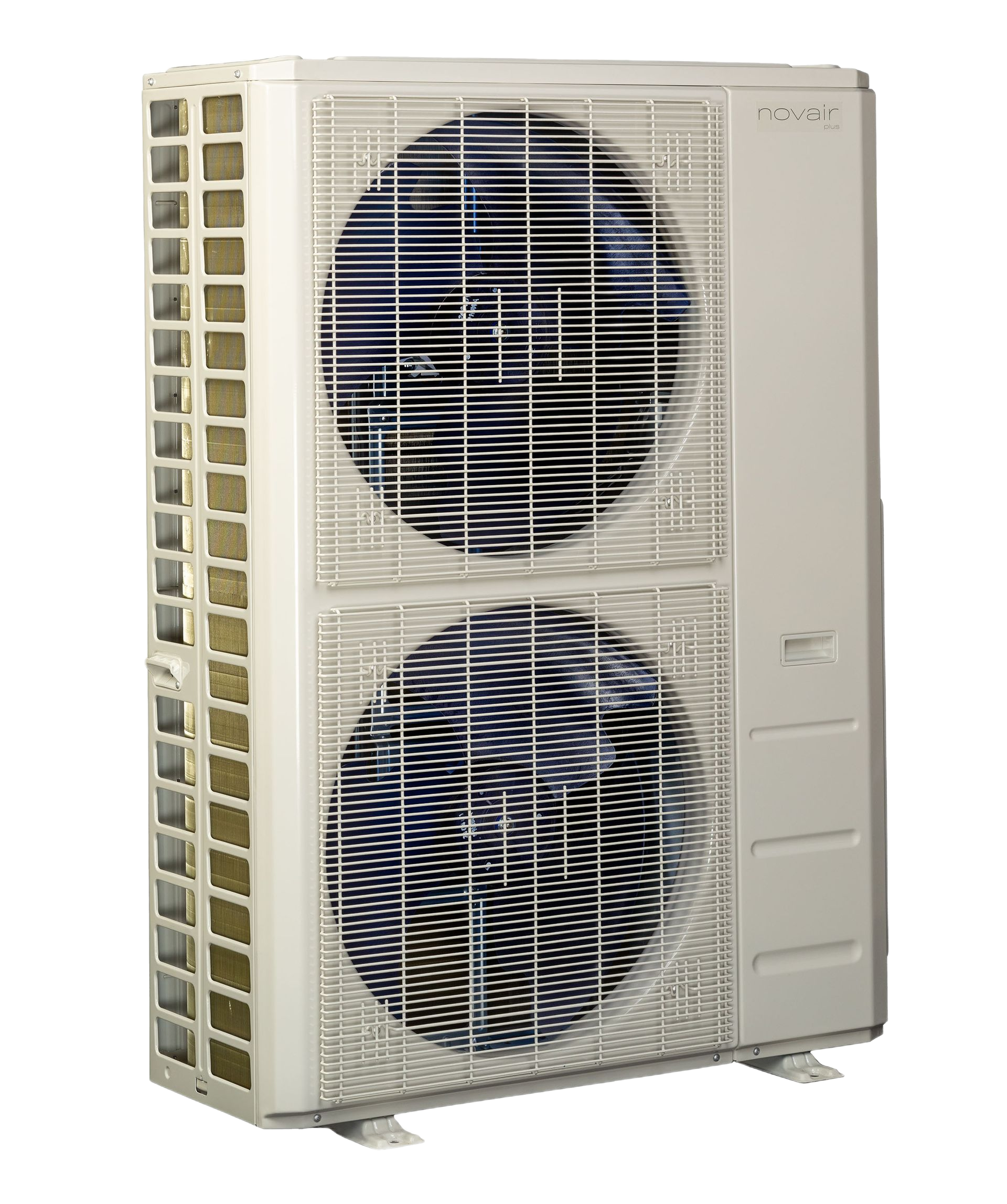 Unité de climatisation extérieure blanche avec deux grilles de ventilation visibles.