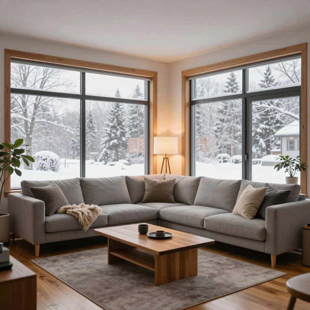 Salon chaleureux avec canapé d'angle gris, table basse en bois, lampe et vue sur le paysage hivernal enneigé à travers de grandes fenêtres