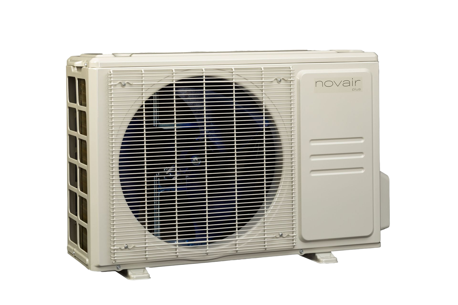 Unité de climatisation extérieure, beige clair, avec un grand ventilateur derrière une grille métallique.