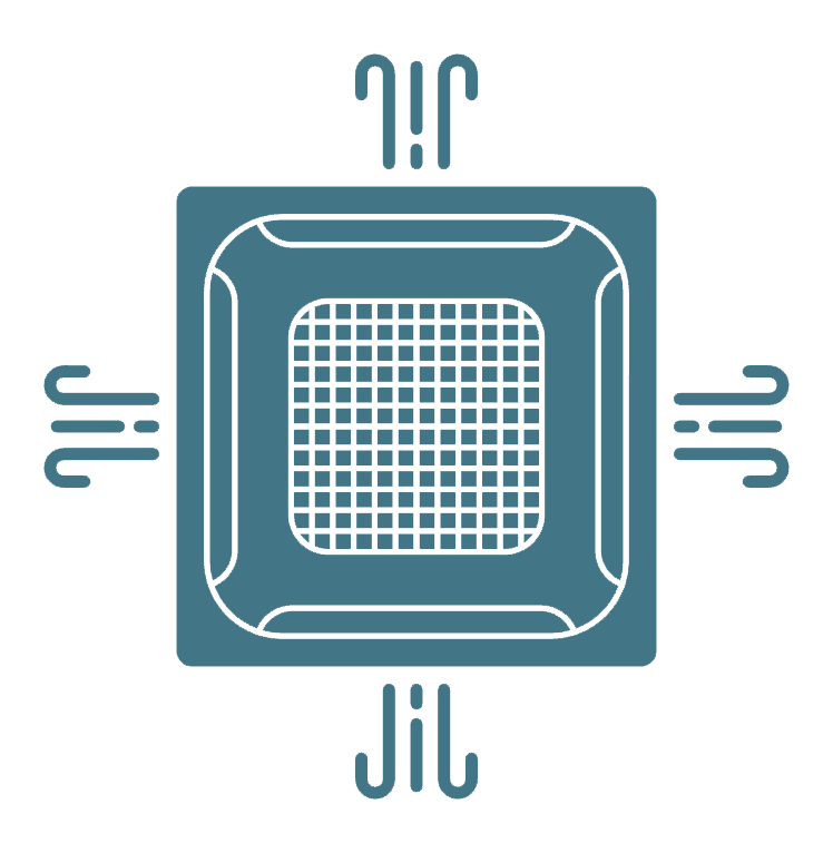 Ic&ocirc;ne de microprocesseur turquoise entour&eacute;e de lignes ressemblant &agrave; des circuits imprim&eacute;s.