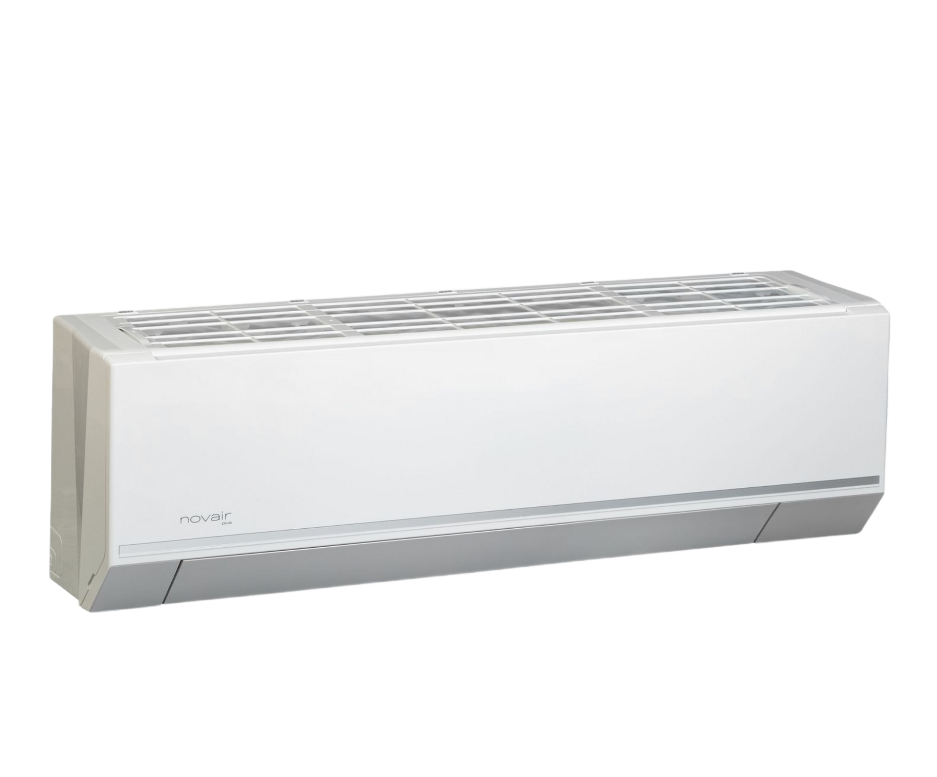 Climatiseur mural blanc avec des touches de gris, sur fond blanc.