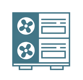 Contour turquoise d'un climatiseur avec deux ventilateurs et deux sections rectangulaires.