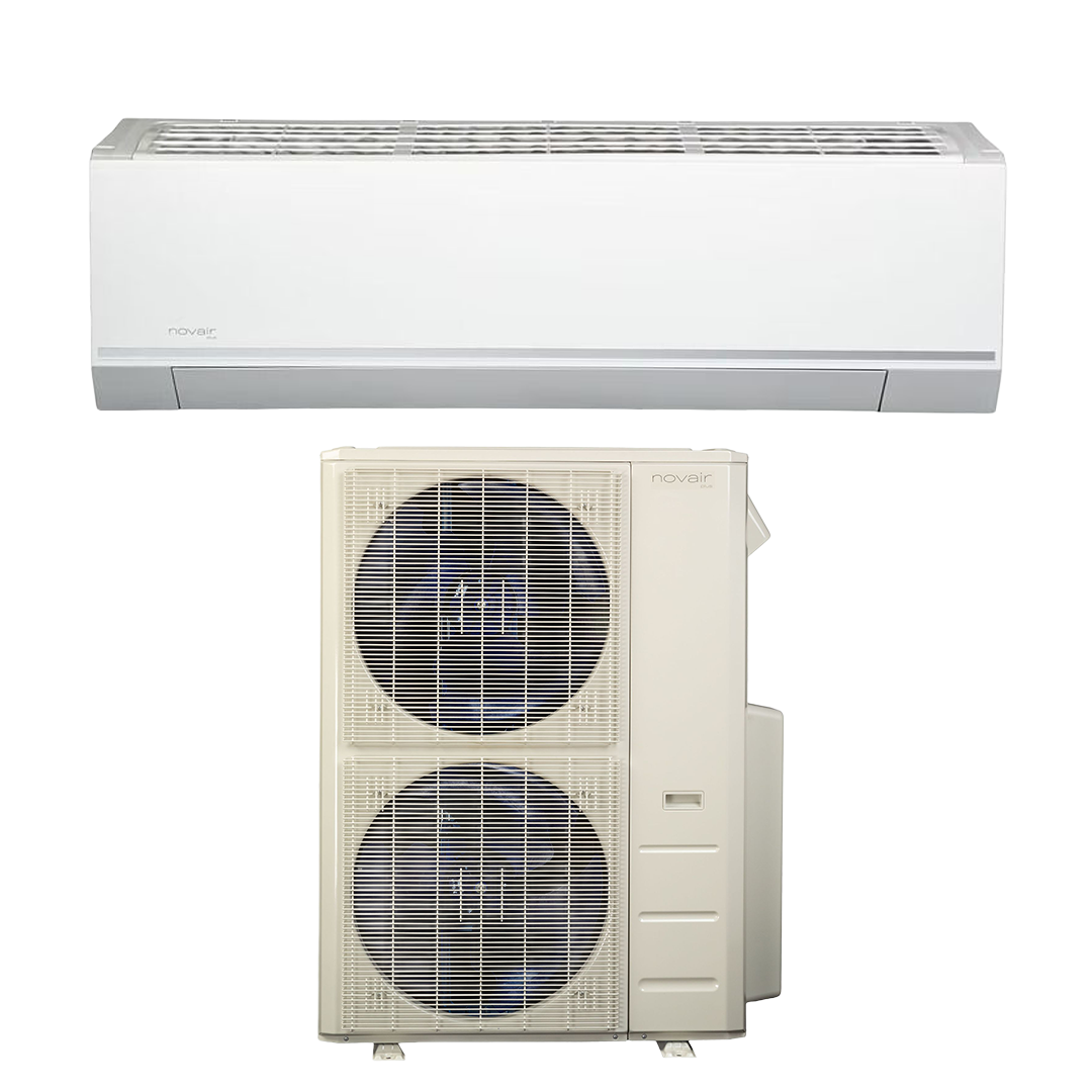 Unité de climatisation murale blanche au-dessus du compresseur extérieur avec deux ventilateurs.