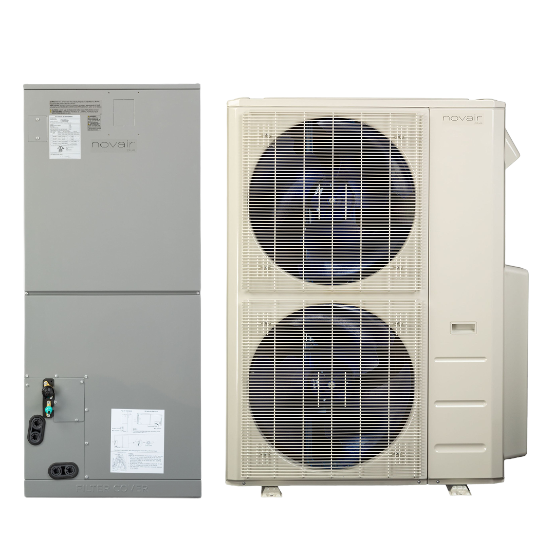 Système de climatisation bi-composant : unité intérieure (à gauche) et unité extérieure (à droite). Gris et beige, finitions métalliques. Ventilateurs visibles.