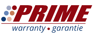 Logo de Prime Warranty. Inscription « PRIME » en rouge au-dessus des mots « warranty » et « warranty ». Points à gauche.