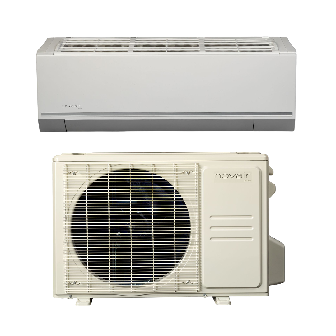 Climatiseur mural split, avec unité intérieure au-dessus et compresseur extérieur en dessous.