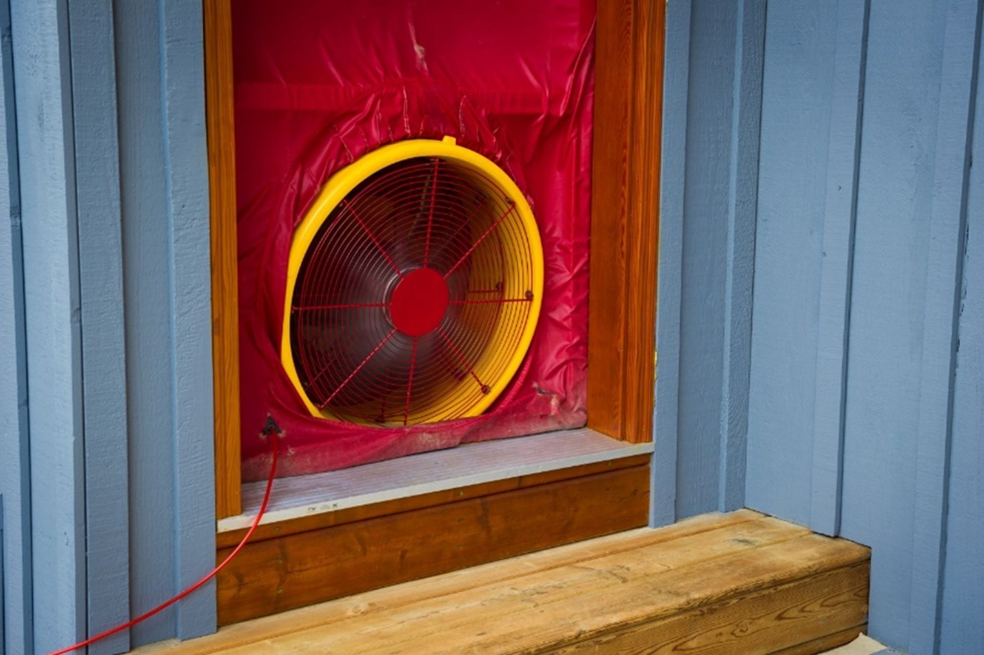 Blower door during blower door test in Chicago home
