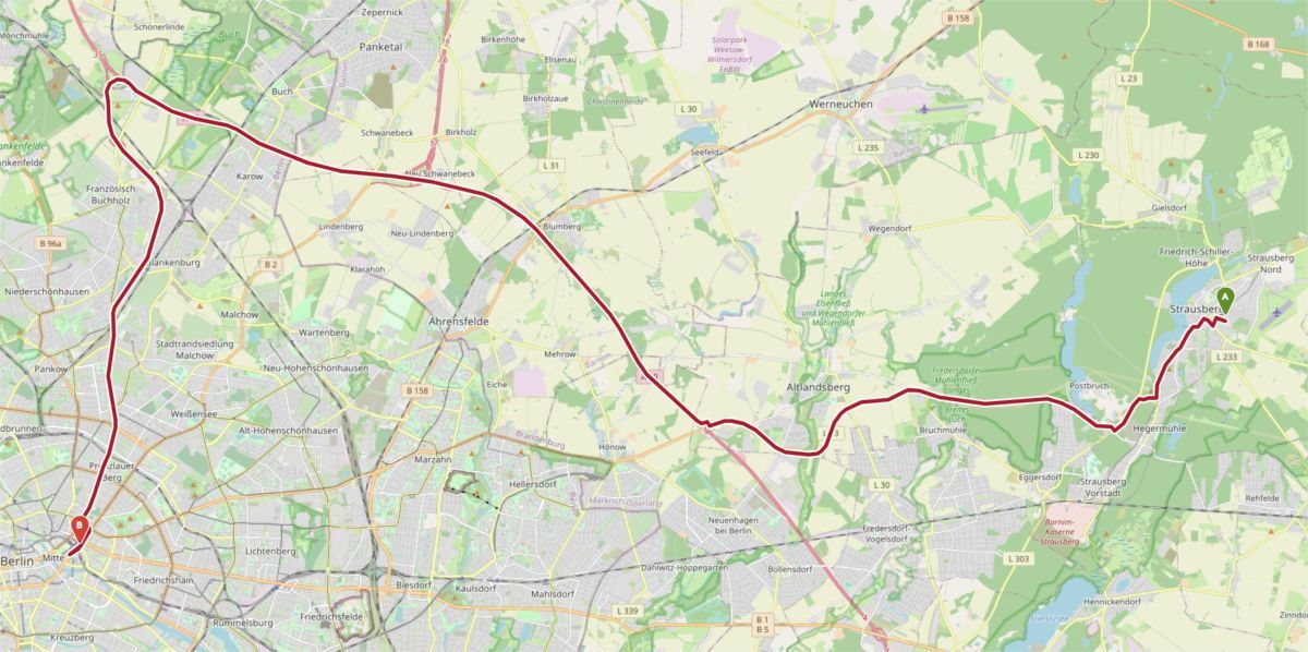 Karte Strecke Strausberg nach Berlin mit dem PKW