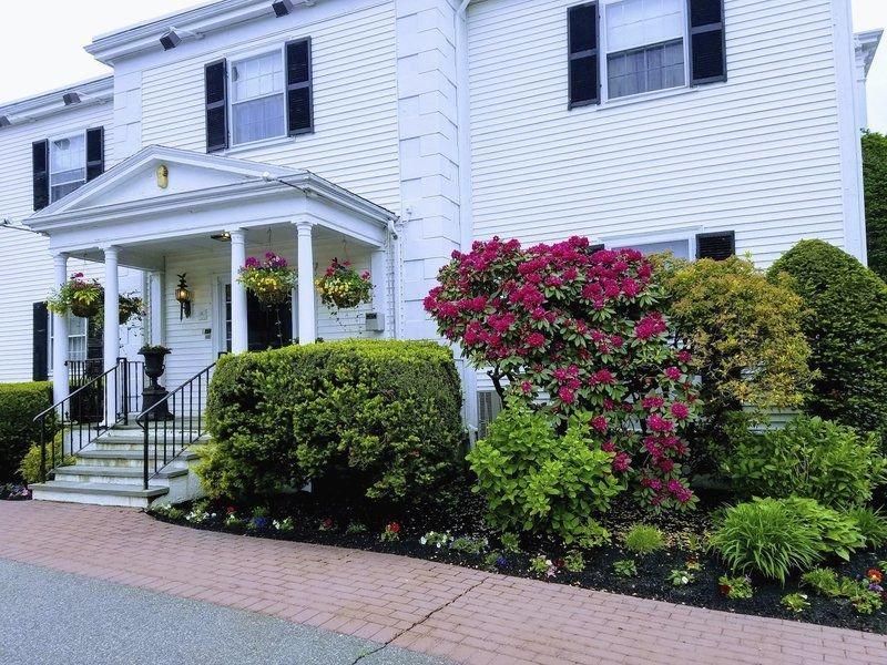 White house with black shutters, columns, and a brick walkway, surrounded by lush landscaping and colorful flowers.