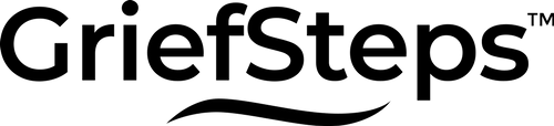GriefSteps logo in black, the text underlined with a curved line.