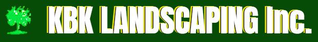 A white 3D-style logo for KBK Landscaping Inc. with a small green tree icon on the left, set against a dark green background.