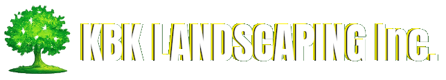 A white 3D-style logo for KBK Landscaping Inc. with a small green tree icon on the left, set against a dark green background.