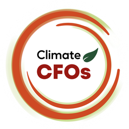 A circular logo with Climate CFOs and leaf in the center.