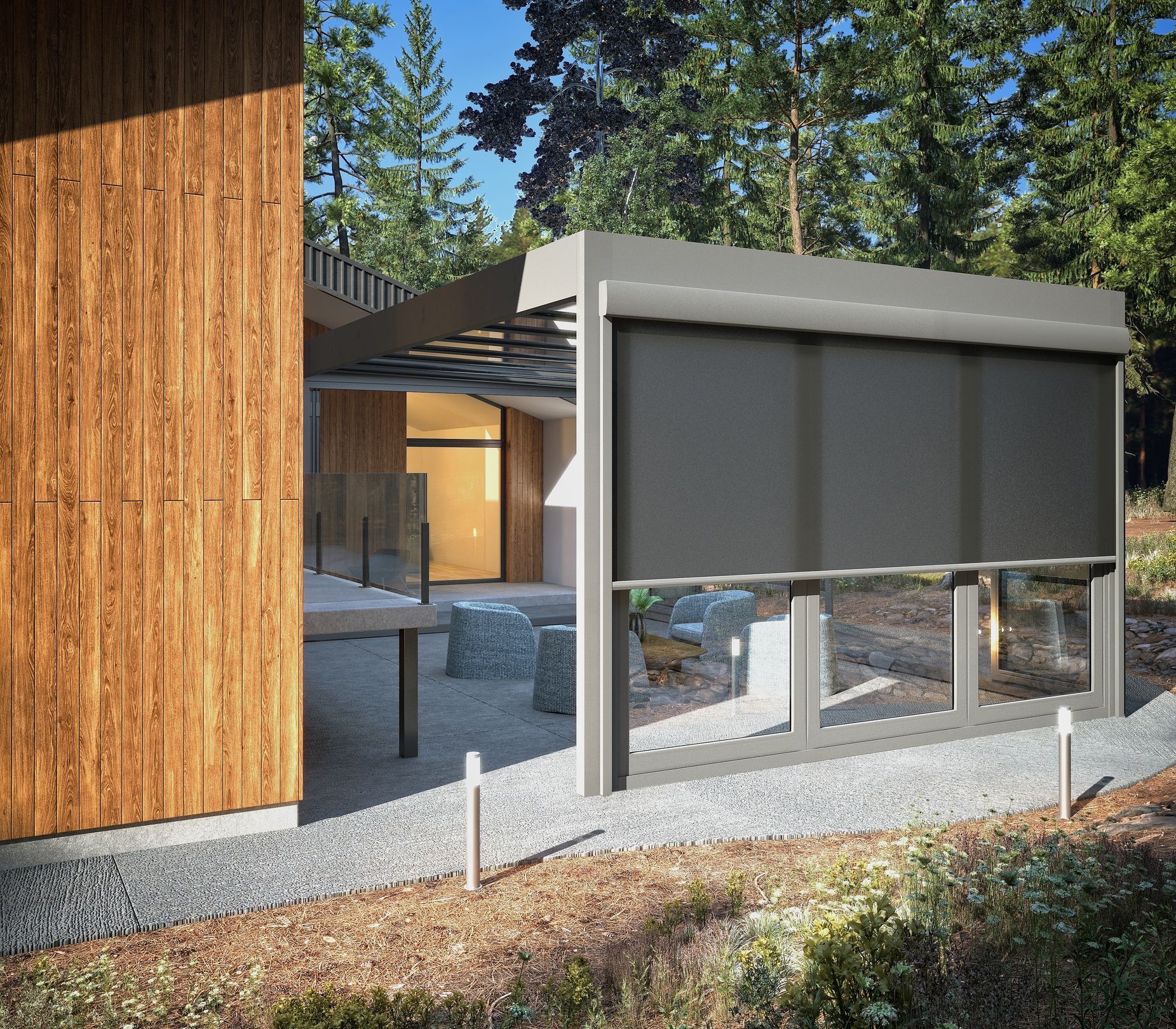 Motorized shades partially lowered over patio windows with outdoor seating and trees nearby. Motorized shades partially lowered over patio windows with outdoor seating and trees nearby.