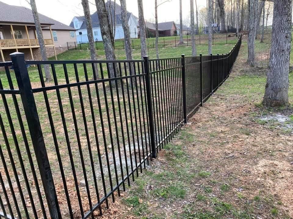 A black metal fence surrounds a yard with trees and a house in the background.
