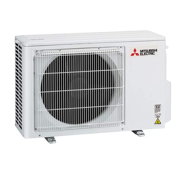 A white mitsubishi electric air conditioner on a white background