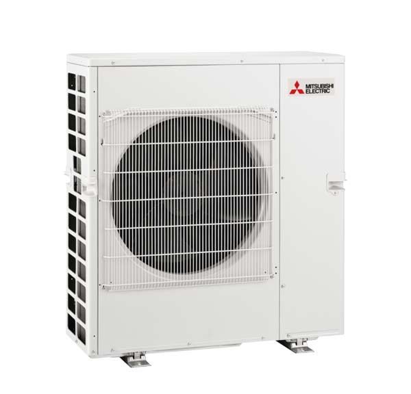 A white mitsubishi air conditioner is sitting on a white surface.