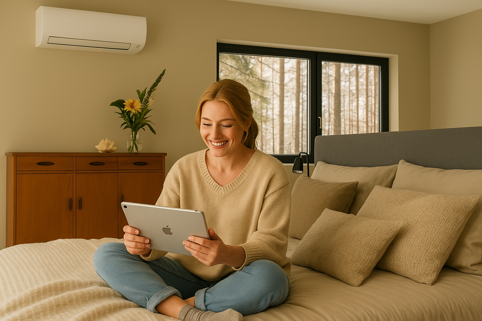 A woman is sitting on a bed using a tablet computer.
