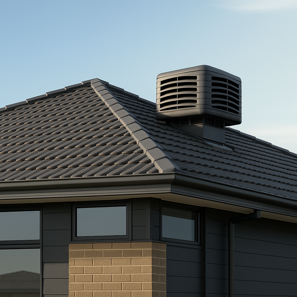 The roof of a house has a chimney on it