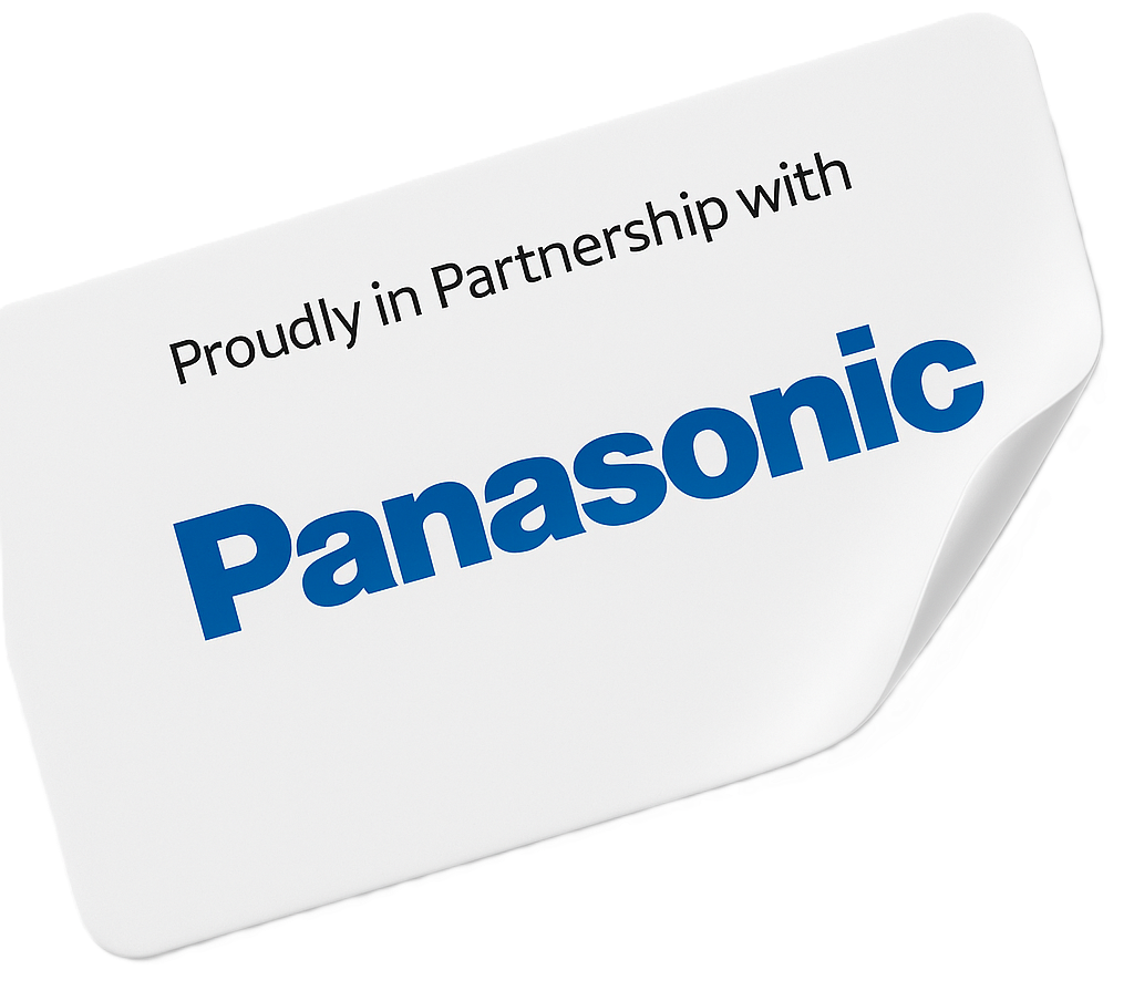A sticker that says proudly in partnership with panasonic