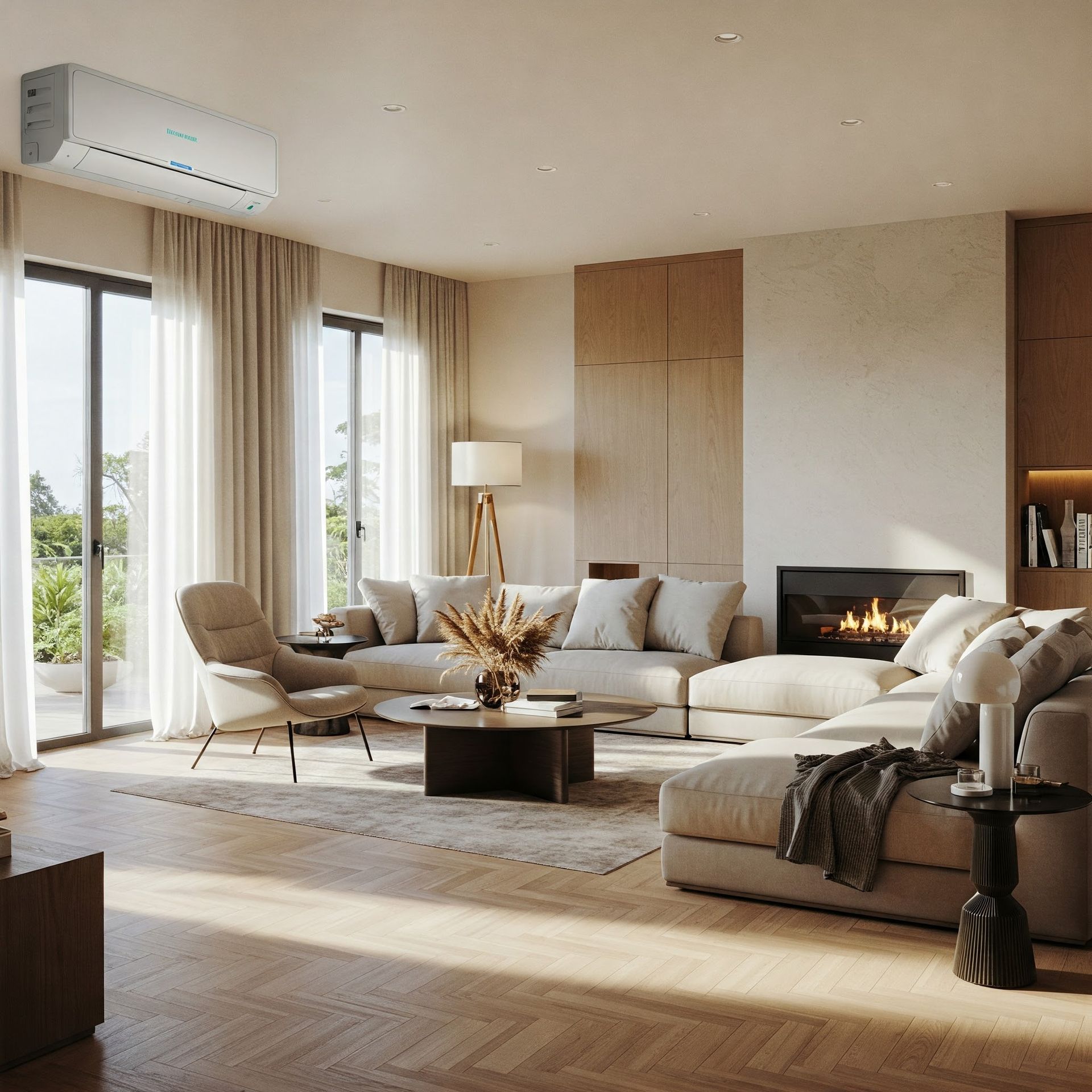 A living room filled with furniture and a fireplace